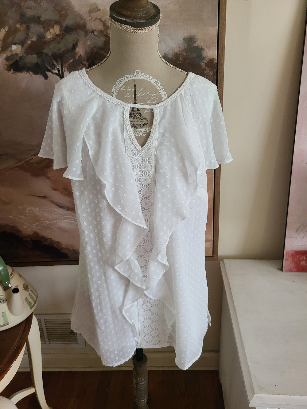 Isaac Mizrahi White Swiss Dot Ruffle Front Blouse
